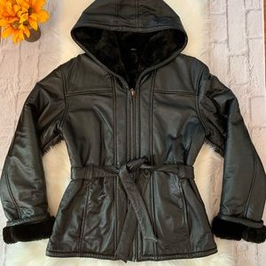 WILSONS LEATHER Jacket Coat Hood Faux Fur XS